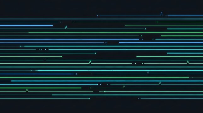 Abstract dark background with glowing blue and green horizontal light lines digital data stream