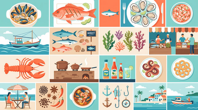 Fresh Seafood and Coastal Culinary Flat Vector Illustration Set with Fish Market, Lobster, and Mediterranean Dishes