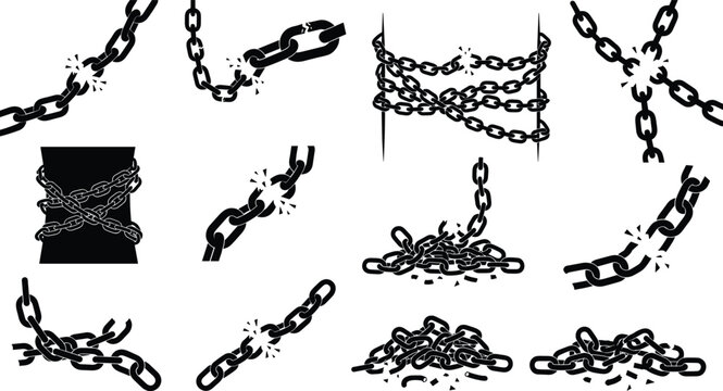 Set of spooky broken chain silhouettes and metal links with restraint elements for Halloween vectors