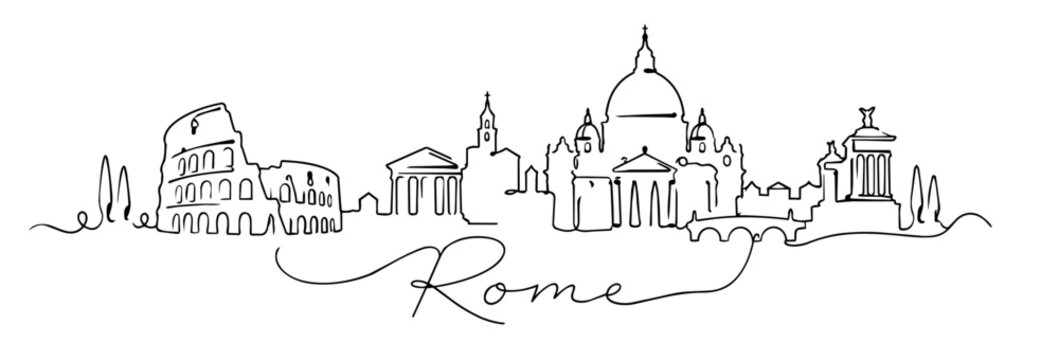 Rome Skyline Continuous Line Art with Famous Italian Landmarks