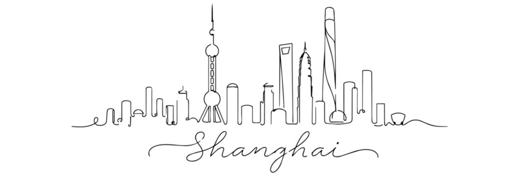 Shanghai Skyline Continuous Line Art with Famous Chinese Landmarks