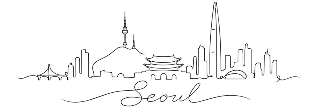 Seoul Skyline Continuous Line Art with Famous South Korean Landmarks
