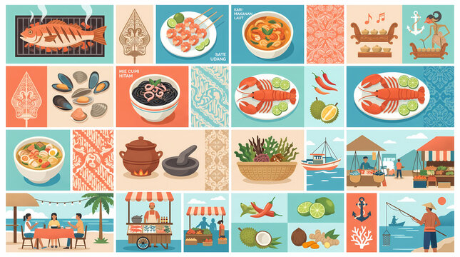 Indonesian Traditional Seafood and Coastal Culinary Culture Flat Vector Illustration Set with Grilled Fish, Wayang, and Fish Market
