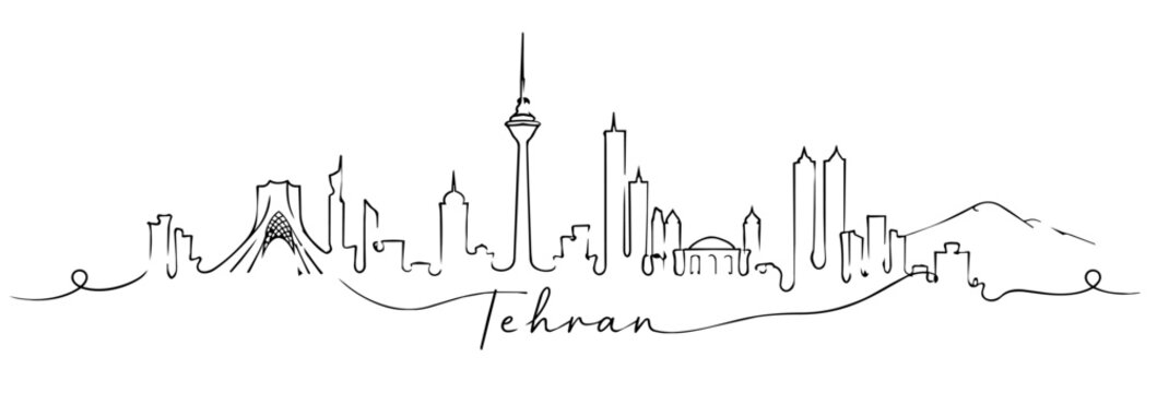 Tehran Skyline Continuous Line Art with Famous Iranian Landmarks
