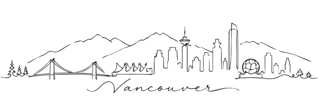 Vancouver Skyline Continuous Line Art with Famous Canadian Landmarks
