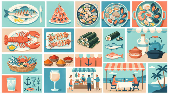 Fresh Seafood and Coastal Culinary Flat Vector Illustration Set with Lobster, Sushi, Fish Market, and Mediterranean Dishes