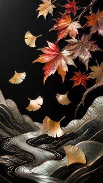 Abstract mother-of-pearl inlay of Korean maple and ginkgo leaves
