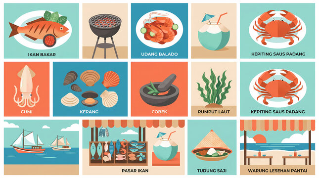 Indonesian Traditional Seafood and Coastal Cuisine Flat Vector Illustration Set with Grilled Fish, Crab, and Beach Market