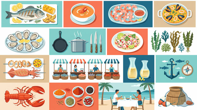 Fresh Seafood and Coastal Culinary Flat Vector Illustration Set with Lobster, Fish Market, and Mediterranean Dishes