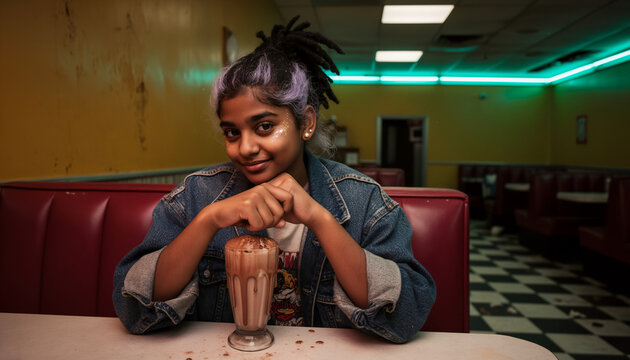 Youth lifestyle concept with happy customer enjoying sweet chocolate milkshake through straw at retro diner booth with eye level view neon light and copy space