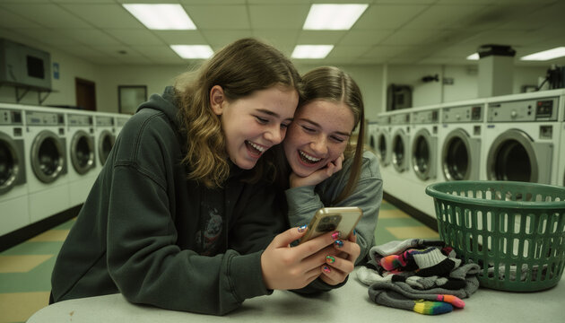 Friendship and daily routine concept with cheerful friends laughing while watching smartphone screen together in laundromat eye level indoor light and copy space