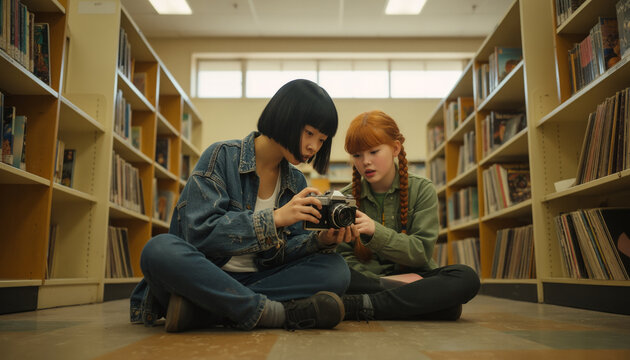 Photography hobby and creative lifestyle concept showing teenage friends inspecting retro camera sitting on floor in archive store front view soft light and copy space