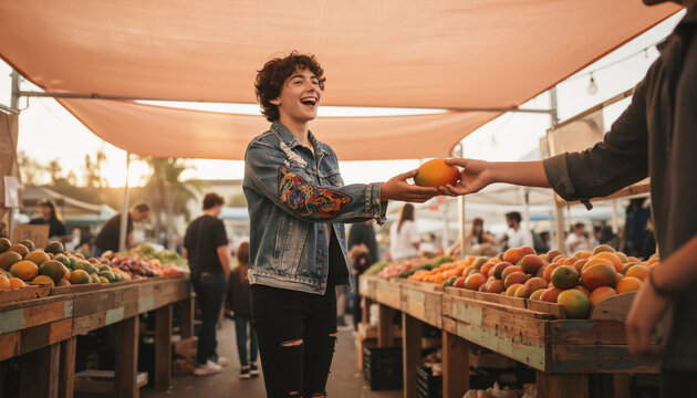 Healthy organic shopping concept featuring smiling customer receiving fresh ripe fruit from vendor at outdoor farmers market in warm sunset light with copy space