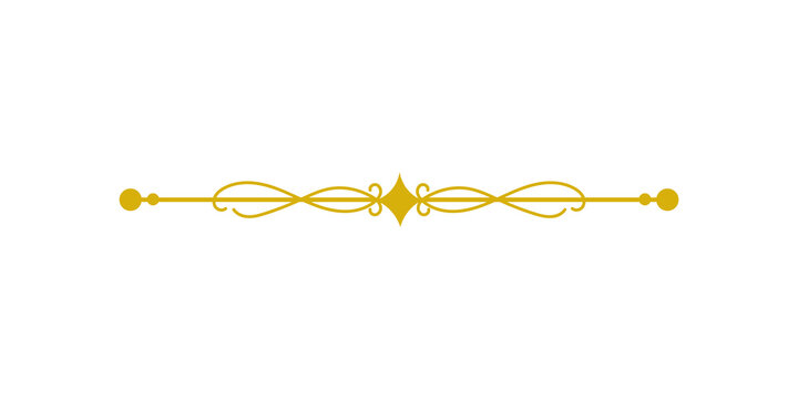 Elegant golden decorative divider with ornate swirls and a central diamond shape isolated on transparent background