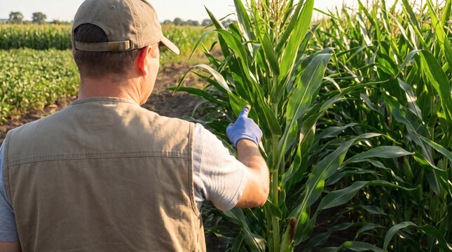close up back view of a researcher in a lab coat pointing to corn plants in a field agricultural science crop research plant pathology genetic study farming innovation sustainable agriculture corn yie