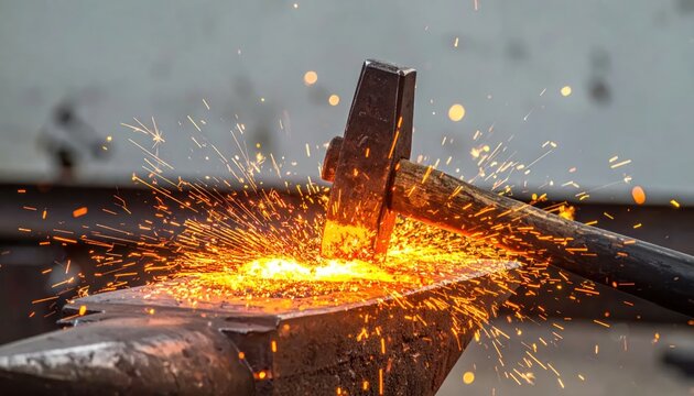 Blacksmith Hammering Hot Metal on Anvil with Sparks Flying