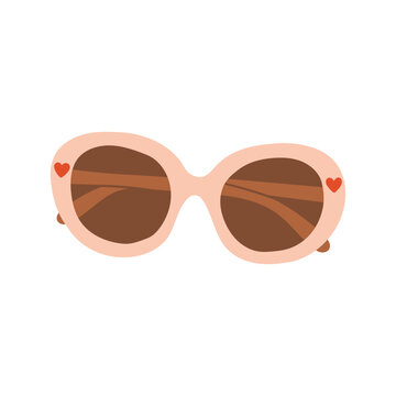 Peach pink oval frame sunglasses with small red heart details vector illustration. Cute summer eyewear isolated on white background
