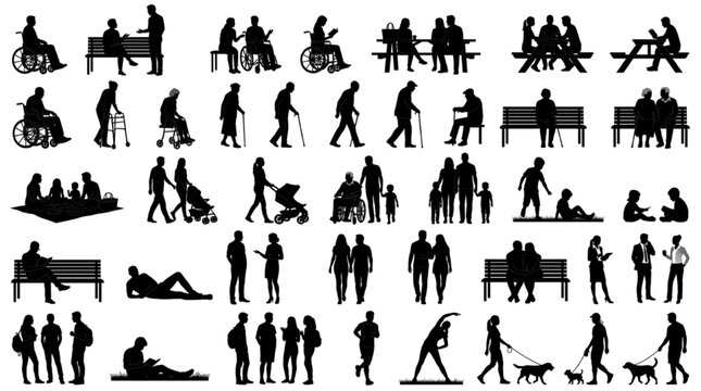 Accessible people silhouette scale figure set architectural entourage collection for park and picnic design
