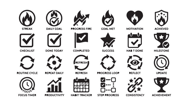 Habit tracker and gamification icon set with text labels