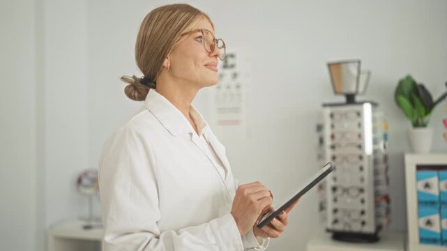 Woman optician wearing white coat holds tablet and taps screen by eyeglasses display and eye chart in building; confidence care precision.