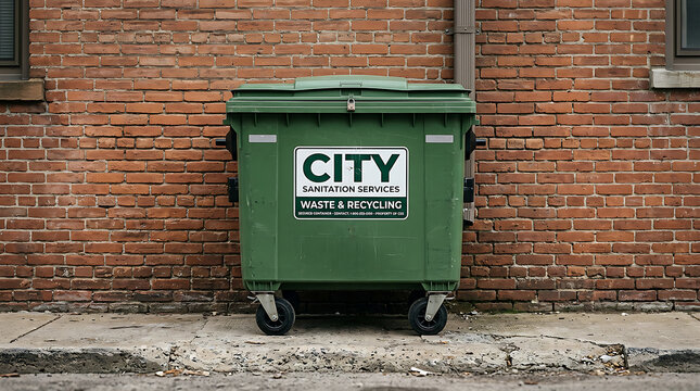 Green city waste disposal dumpster against brick wall.