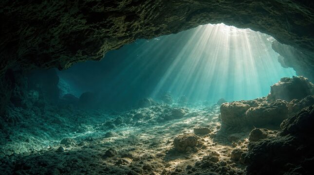 Sunlight pierces through the cave entrance, illuminating the underwater rocky floor with ethereal blue and green hues.
