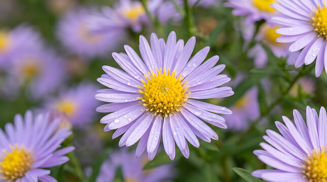 Macro photography of light purple aster flowers blooming in a garden during summer season.