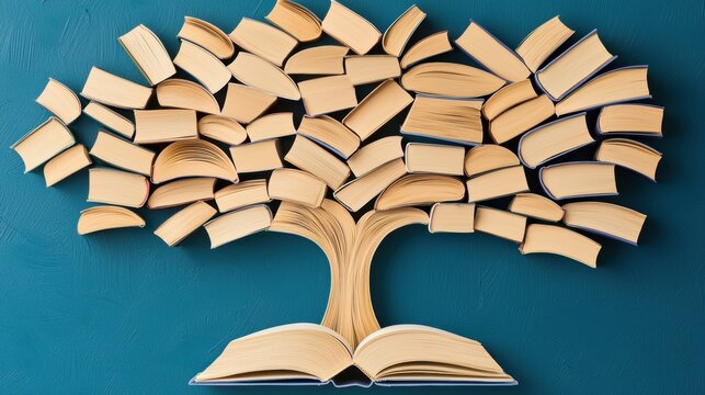 Wisdom Tree of Knowledge Tree with leaves made of books, set against a library backdrop, representing the pursuit of knowledge