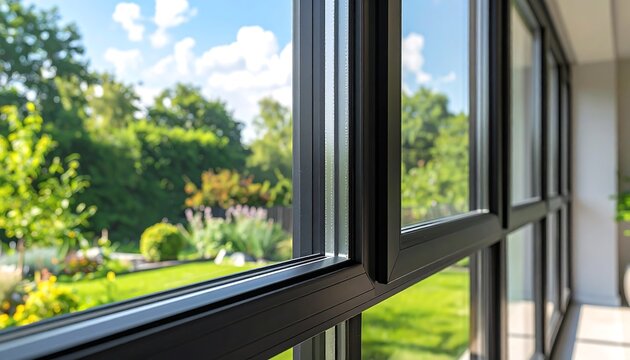 Angled close-up view of a modern black plastic window profile with double glazing slightly opened toward a lush green backyard garden. Warm sunny daylight illuminates the clean window frame and scenic