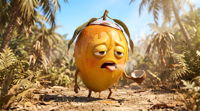 3D cute exhausted mango character sweating sticky juice in tropical heat