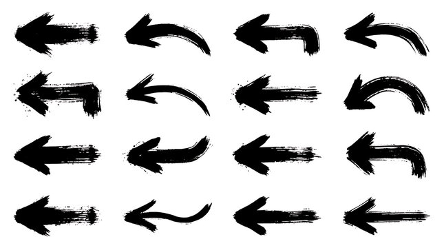 Set of 16 hand painted black grunge arrows pointing left on white background