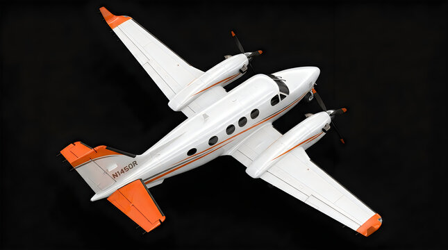 Twin engine turboprop airplane model viewed from above on black background