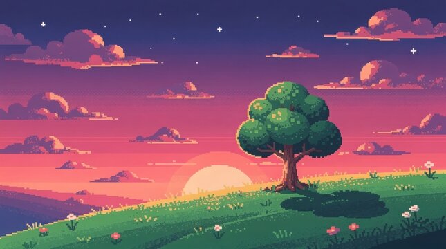 A pixel art scene depicting a vibrant sunset behind a lone tree on a grassy hill dotted with flowers under a starry sky.