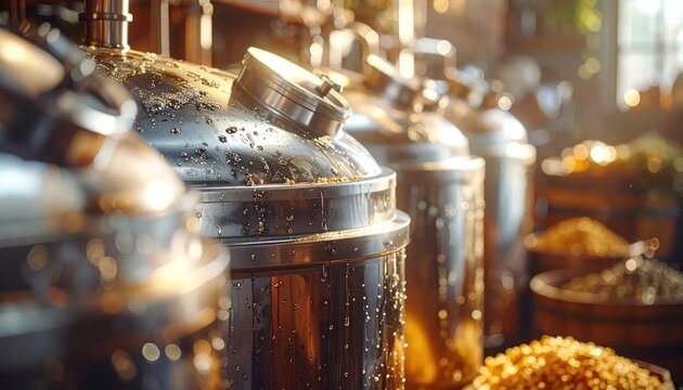 Brewery Fermentation Tanks with Grains and Sunlight