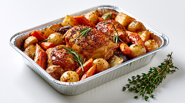 A high-end HD studio product photograph of a golden roasted chicken with mixed vegetables served inside a disposable foil pan, placed on a clean white background. The pan is filled