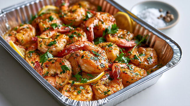 A high-end HD studio product photograph of glistening garlic butter shrimp served inside a disposable foil pan, placed on a clean white background. The pan is filled with plump jui