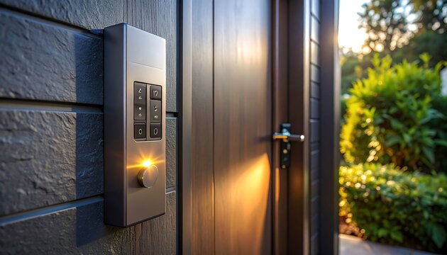 Angled close-up view of a modern smart door lock with a digital keypad and intercom system mounted on a wooden front entrance door. Dark grey brick wall siding, warm sunlight, and green garden foliage