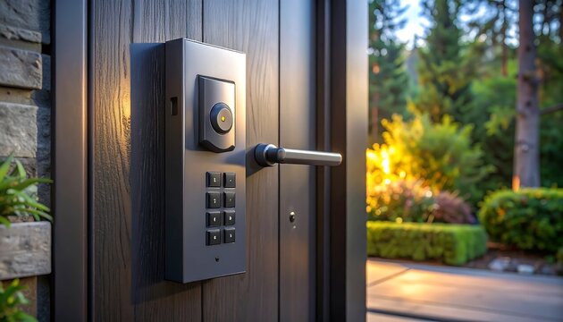 Angled close-up view of a modern smart door lock with a digital keypad and intercom system mounted on a wooden front entrance door. Dark grey brick wall siding, warm sunlight, and green garden foliage