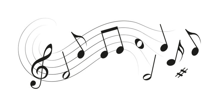 Musical notes in decorative wavy shape isolated on white background