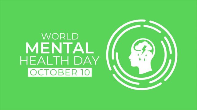 World Mental Health Day animation featuring a green brain and human profile symbol, promoting mental wellness, awareness, care, and support. 