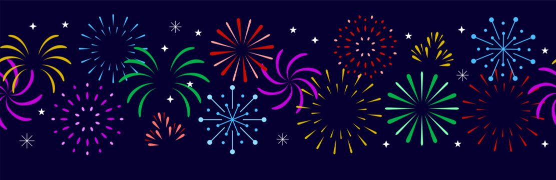 Vector flat coloful simple fireworks in seamless pattern, new year, celebration border