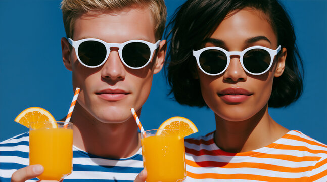 Man and woman in striped shirts and white sunglasses holding orange juice. Summer fashion resort style. Mediterranean vacation concept