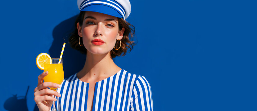 Woman in sailor hat holding orange juice on blue background. Summer fashion portrait with gold earrings. Mediterranean resort style