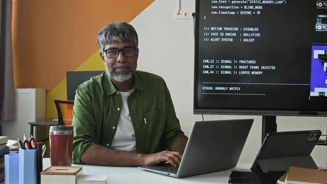Portrait of middle aged Asian man working on laptop in tech office with system data on screen, camera zooming in. Video suitable for cybersecurity, software development, or IT support marketing