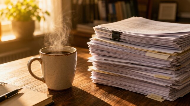 A steaming cup of coffee sits beside a large stack of paperwork on a wooden desk bathed in warm sunlight.