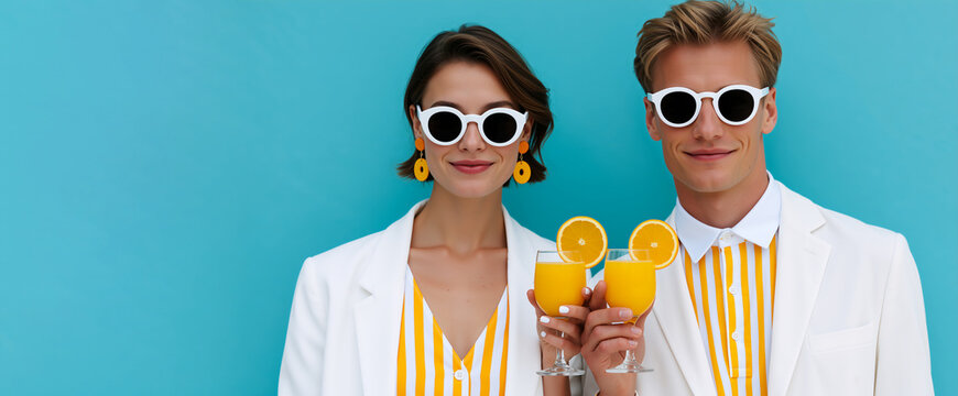 Summer fashion portrait of a couple in white blazers and striped shirts. Man and woman holding orange juice on teal background. Mediterranean resort style