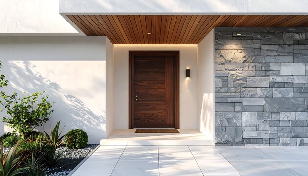 Straight-on front entrance view of a modern house featuring a dark wood door, wooden ceiling soffit with LED strip light, stone wall accent, and potted plant.