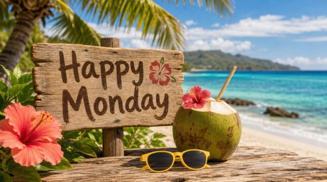 A tropical beach scene with a wooden "Happy Monday" sign, a coconut drink, sunglasses, and hibiscus flowers under palm trees by the ocean.