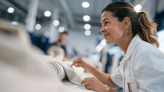 cool controlled studio lighting, muted restrained color grading. A female garment worker examines fabric rolls on a large cutting table in a modern Spanish facility, wearing a whit