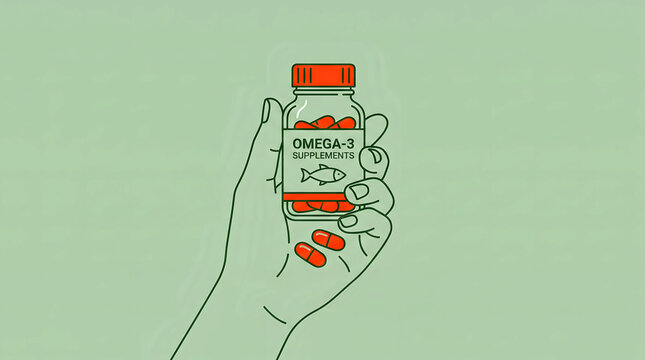 Supplement bottle containing omega-3 softgel capsules held in a line art hand conceptualizes daily health and nutrition.